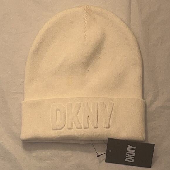 DKNY Women's Embossed Logo Cuffed Beanie Ivory White Os - Picture 2 of 9